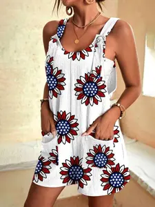 Women's Floral Print Overalls Romper Shorts, Bohemian Casual Fitted Adjustable Straps Sleeveless Overalls with Side Pockets, Women's Overalls for Summer, Boho Womenswear, Beach Romper, Floral Jumpsuits, Casual Comfy Jumpsuit