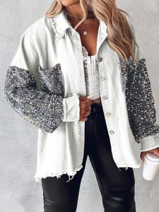 【plus size】 contrast sequin raw hem button front shirt jacket, casual long sleeve collared pocket outerwear for fall & winter, women's clothes for daily wear