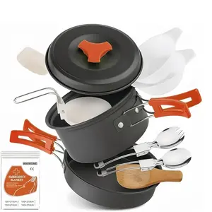 12 PCS Lightweight Camping Cookware Set – Non-Stick Pots, Pans & Utensils for Backpacking, Hiking & Outdoor Cooking – Compact Mess Kit for 2-3 People Give Away an Emergency Blanket as a Gift