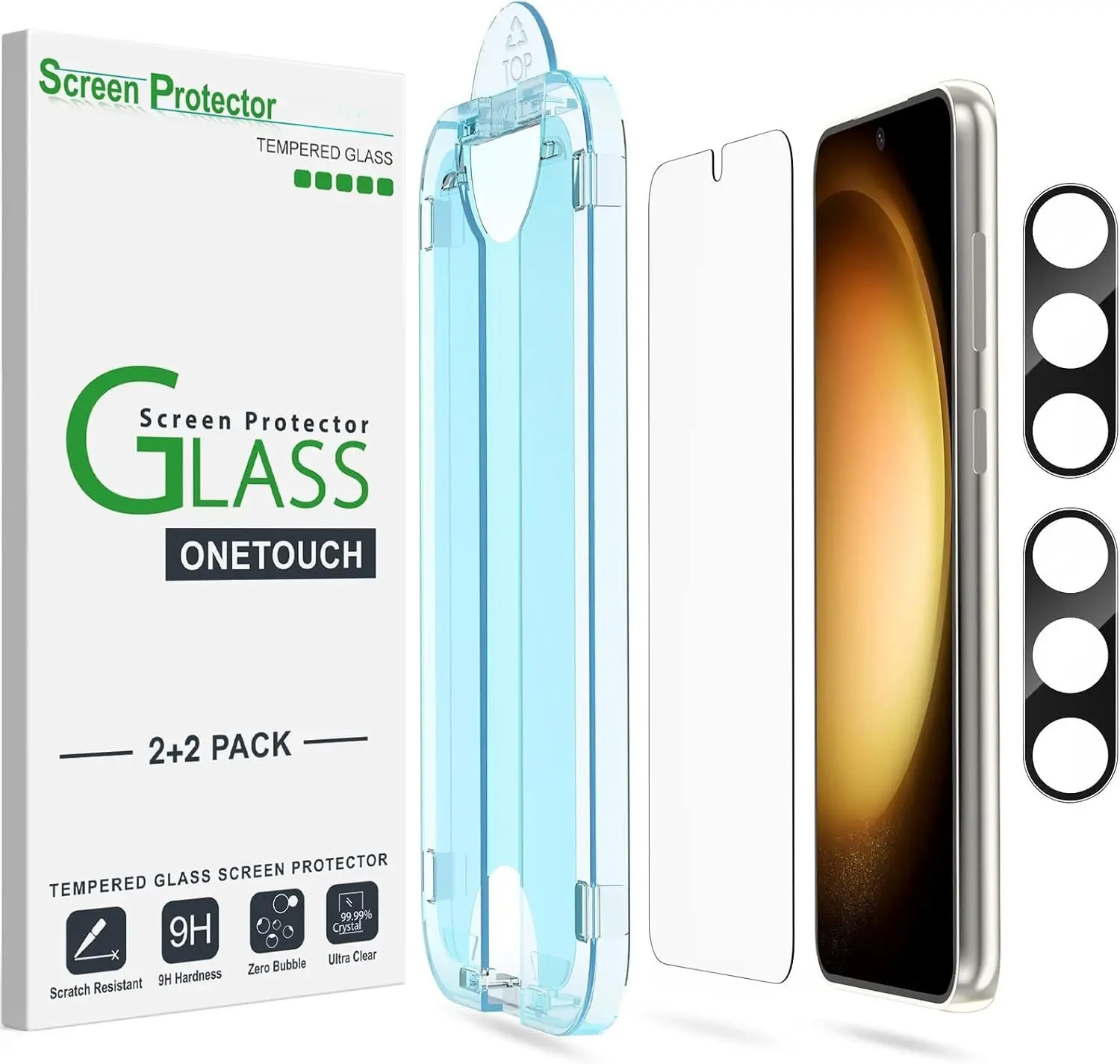 [2+2 Pack] OneTouch Tempered Glass Screen Protector with Camera Lens Protector for Galaxy S23+/S23 Plus (6.6 in) Mobile Phone Accessories, 9H Hardness, Fingerprint Compatible, Easy Bubble-Free Installation, S23P-6.6 Fit