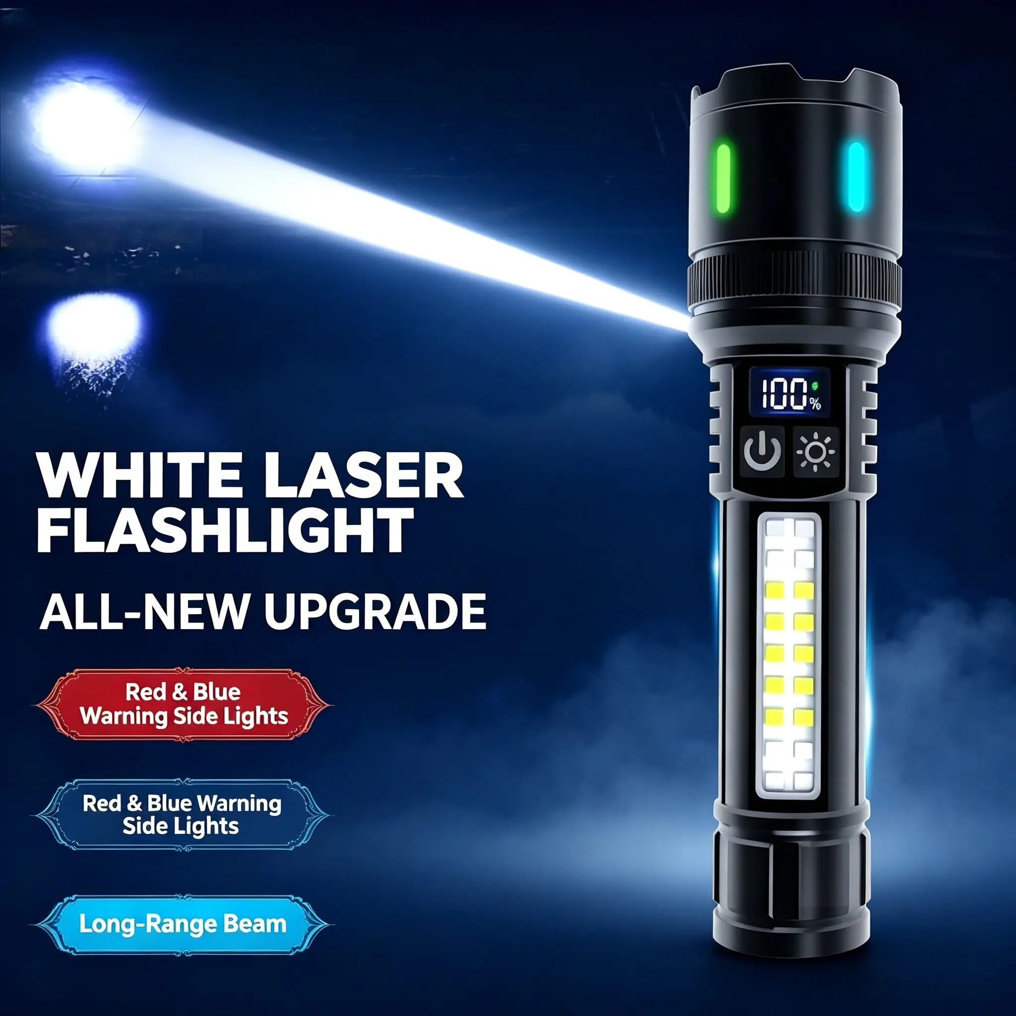 2026 New Multifunctional Zoom Tactical Torch - White Laser Long-Range Device with COB Flood Side Lamp, Red Blue Strobe Warning Signal, LCD Battery Indicator, Waterproof EDC Tool for Off-Road Hunting