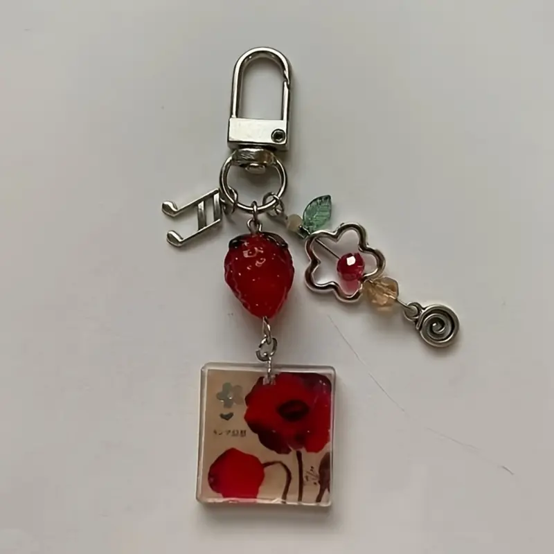 Kawaii Beaded Keychain - Basic Fashion Costume Jewelry Accessory, Strawberry Fruit Decor, Metal Accents, Bag Charm, Kawaii Accessories, Cute Playful Keychain for Car Keys, Gift Option
