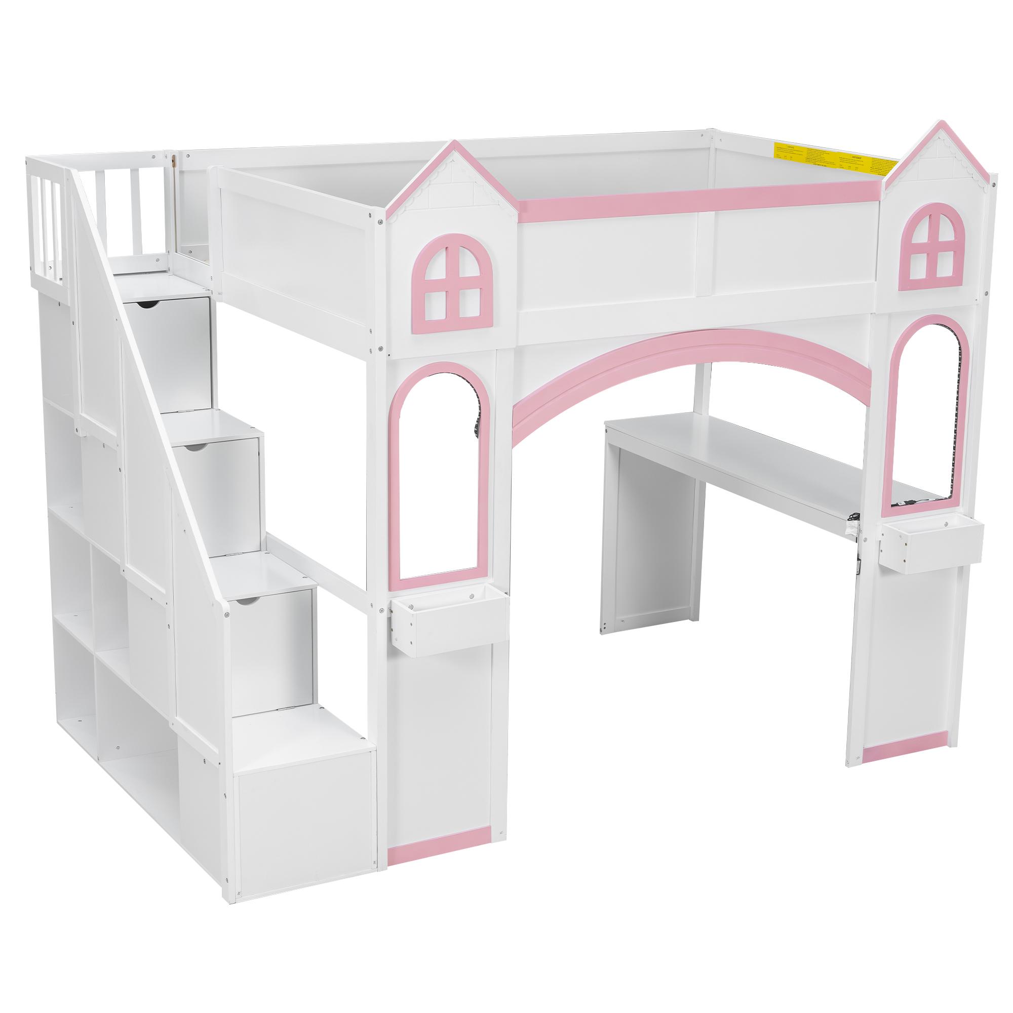 Full Size Loft Bed Frame with Storage Staircase and LED Light, Wood Castle Full Loft Bed Frame with Desk, Windows & Shelves for Kids, Teens, Boys or Girls, Montessori Bed, Pink