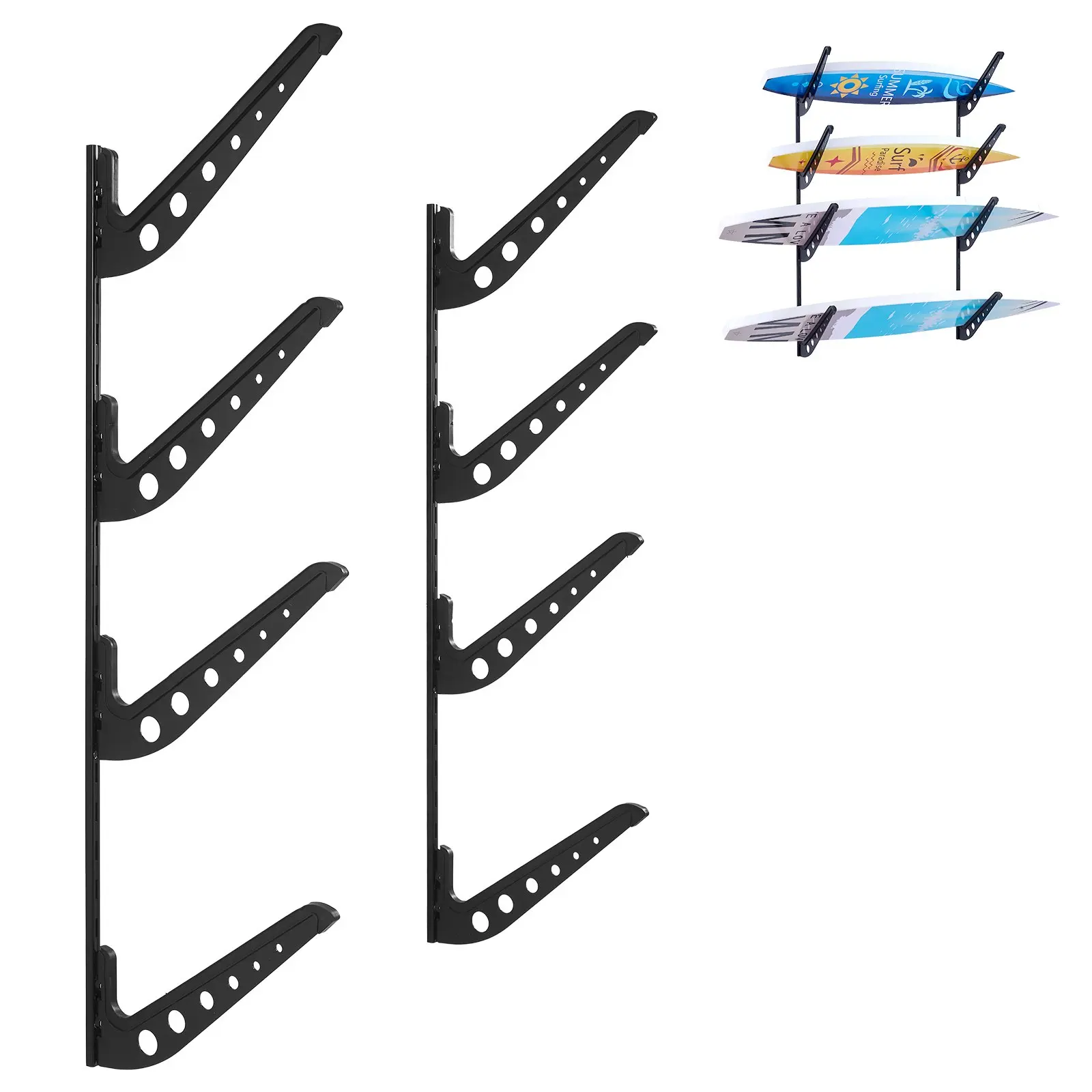 VEVOR Surfboard Wall Mount, 4 Tiers Horizontal Surfboard Rack for Storage and Display, Adjustable Height Metal Board Stand Organizer, Surf Board Holder for Snowboards, Kiteboards, Shortboard, SkisSummervibes
