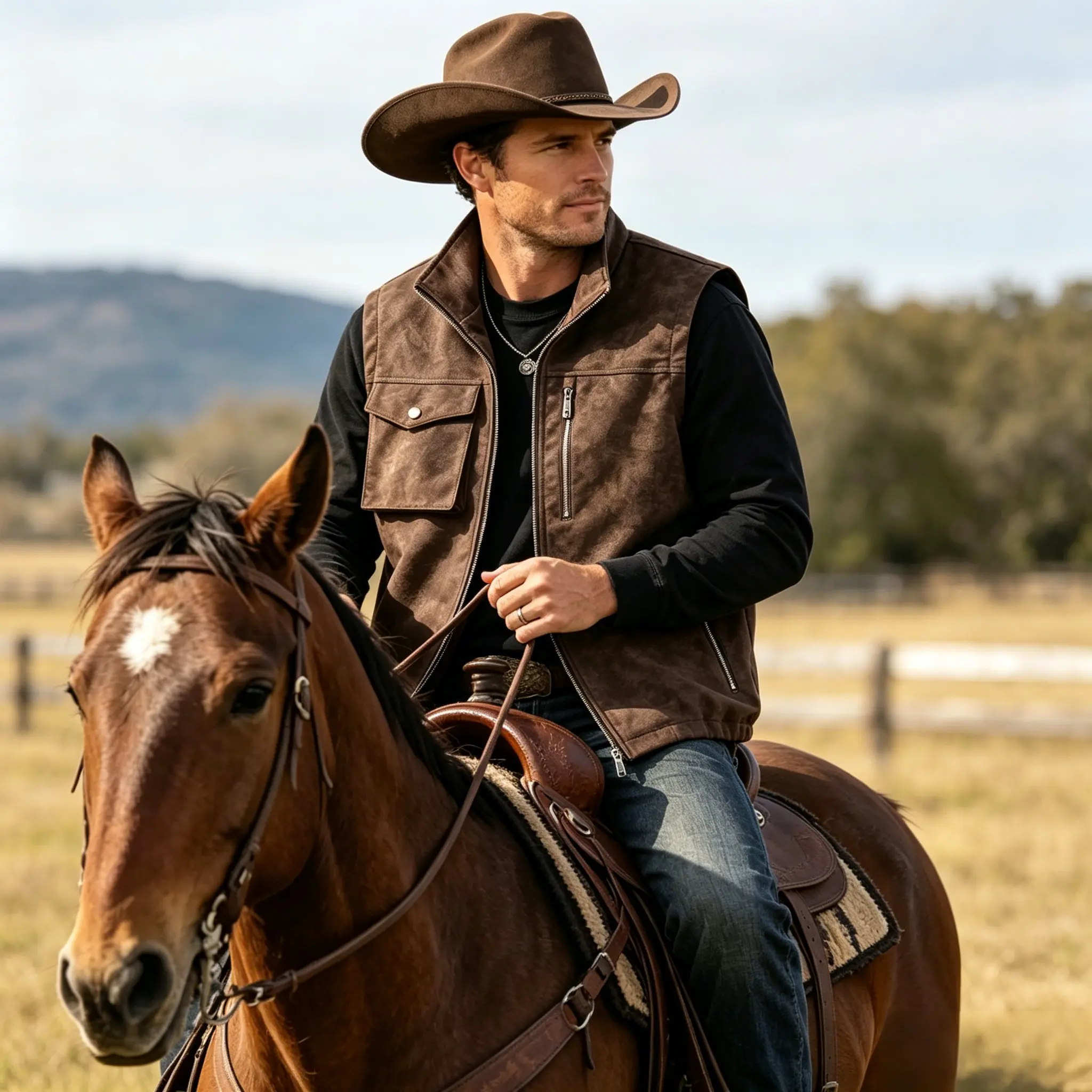 Men's Cowboy Vegan Suede Vest - Brown Classic Plain Round Neck Knitting Sleeveless Polyester Outerwear, None-Stretch Viscose Non-Leather Waistcoat with Zipper Pockets for Ranch Days, Durable Zip Casual Gilet