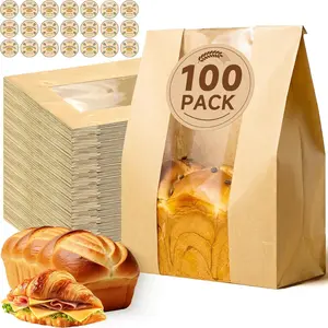 100 count Bread Bags for Homemade Bread with Clear Window & 120 Stickers, Sourdough Bread Bags for Storage of Bread,Cookies & Snacks, Large Bakery Paper Bags