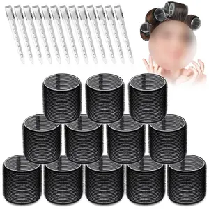 Large Hair Rollers Set - 12 Pieces Jumbo Rollers and 12pcs clips for Long Thick Hair Volume ,Car Interior Accessories Heatless Curling Brush Haircare Black clip  set Comb Curler