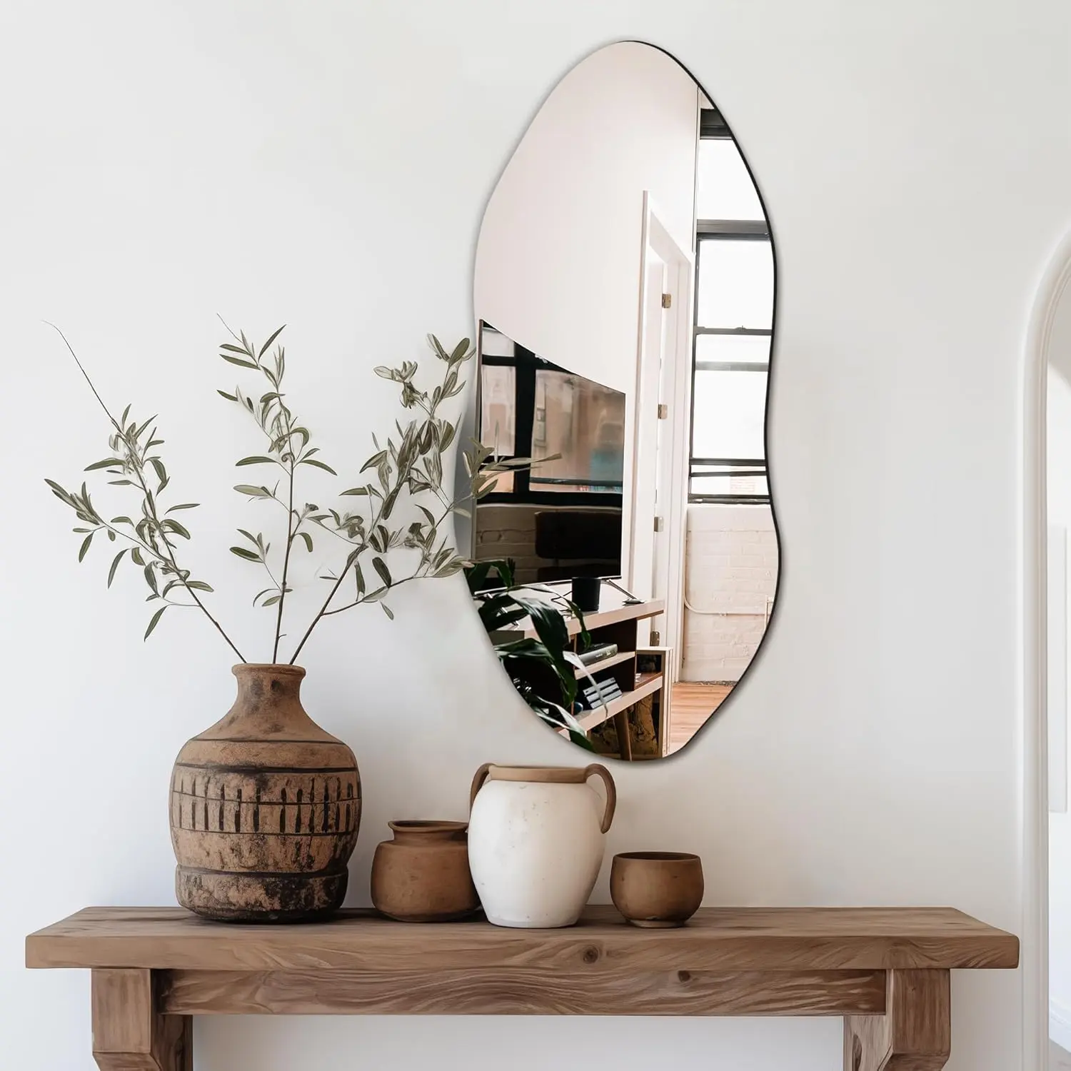 32"x14" Slim Vertical Wavy Design,Frameless Decorative Mirror for Entryway,Hallway & Bathroom,Modern Boho Wall-Mounted