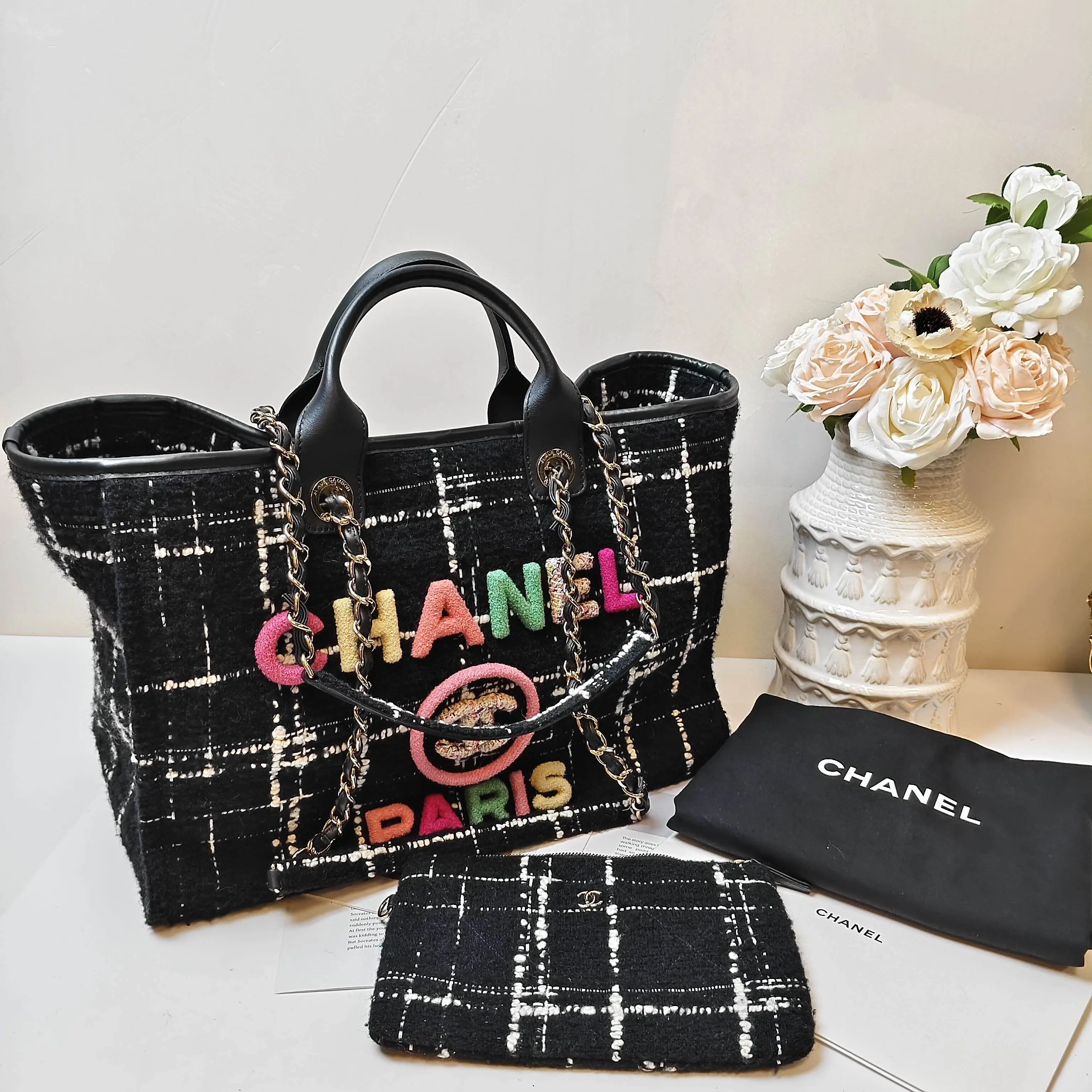 Pre-owned CHANEL Tweed Medium Deauville Tote Bag Black, White, Multicolor Multicolor Purse, 15 in Base Length, 15 in x 12 in x 8 in Dimensions, 8 in Width, Tote Bags