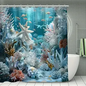 1PC ocean shell series shower curtain, perfect for bathroom decoration, partition, beautifying space, made of durable polyester material, easy to clean, machine washable, available in multiple sizes, comes with shower curtain hooks.