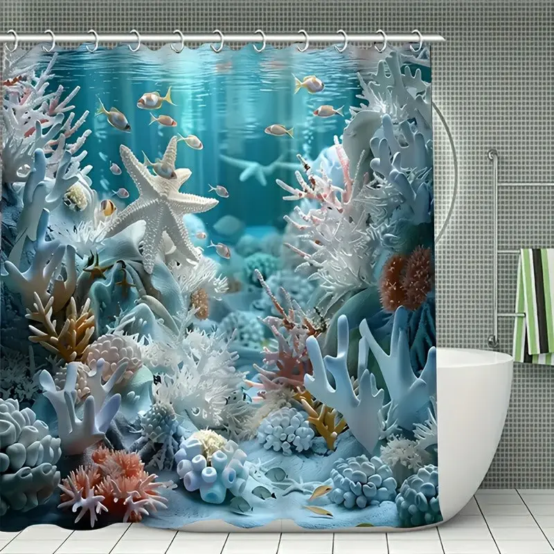 1PC ocean shell series shower curtain, Decorative shower curtain, for bathroom decoration, made of durable polyester material, easy to clean, machine washable, Shower Curtains Washable, available in multiple sizes, comes with shower curtain hooks