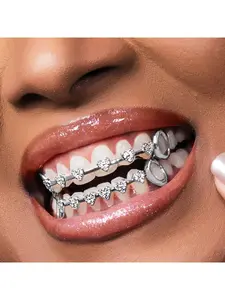 Hip-hop fashion  with heart-shaped full-diamond zirconia dental braces, Heart Shaped Brackets for daily casual trendy look, rap accessories.