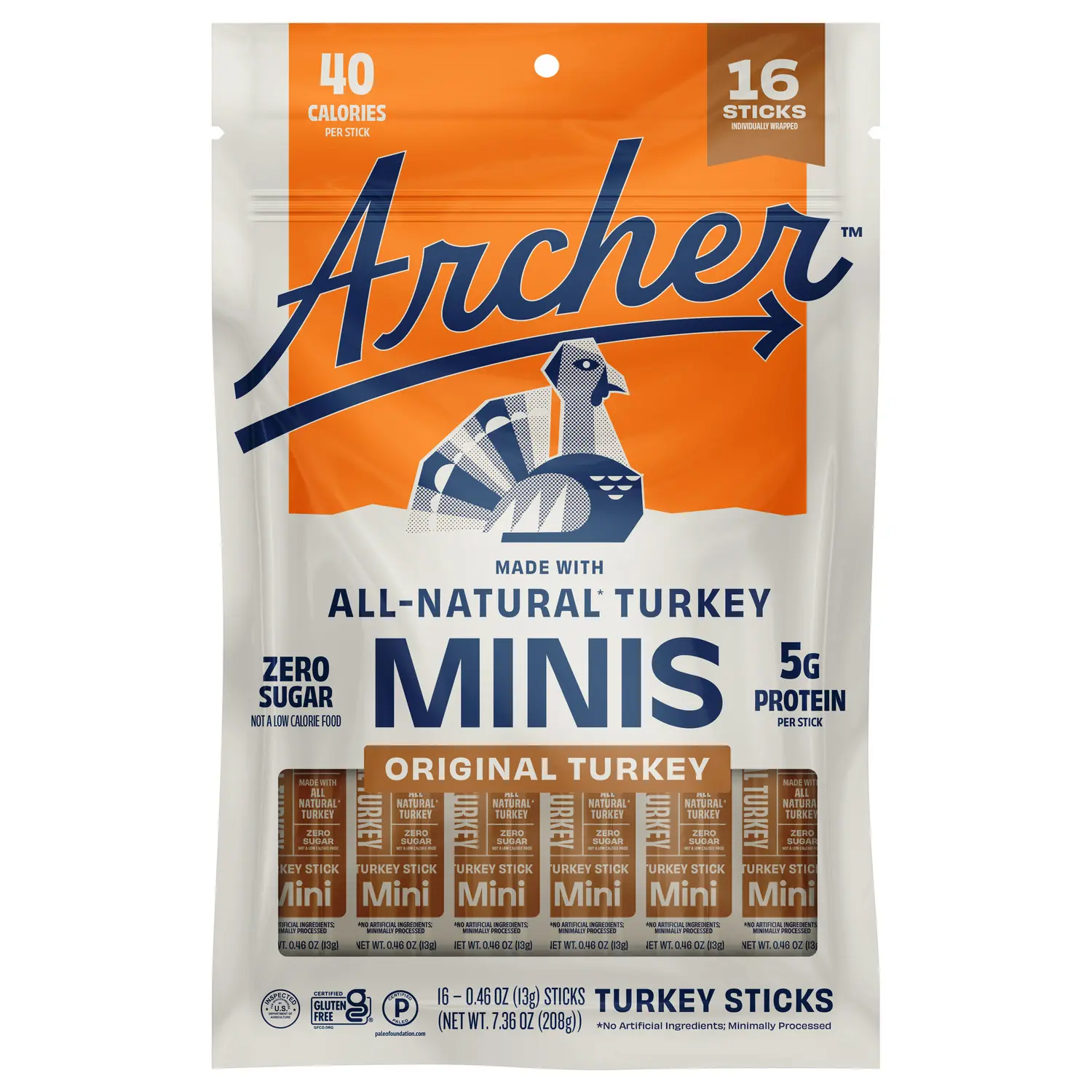 Archer Jerky Original Turkey Mini Sticks - 16ct, 5g Protein, 0 Sugar, Paleo All-Natural Dry High Protein Turkey Dried Meat Snacks, High Protein Snacks