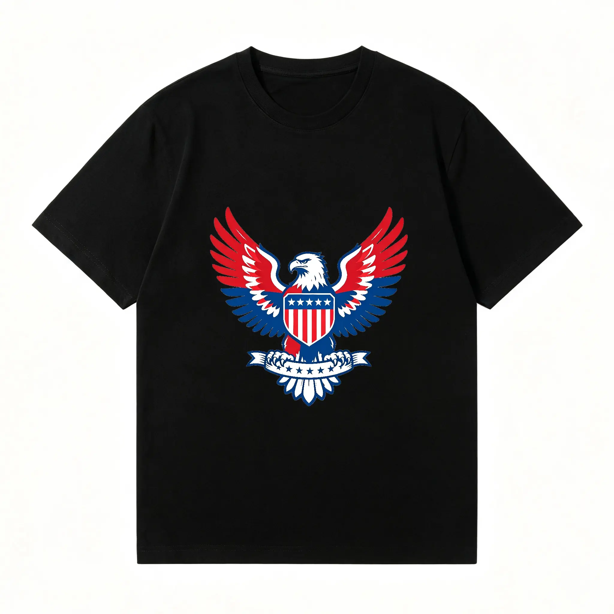 Menswear Vintage American Eagle Shield Graphic Black Cotton T-Shirt - Men's Round Neck Short-Sleeve Patriotic Red White Blue Winged Eagle Print Loose Casual Streetwear Unisex Summer Top
