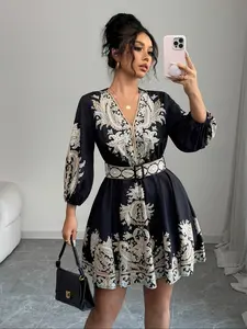 Women's Ethnic Style Floral Print Dress, Belt Detail, Casual Breathable Woven Elegant Vacation Look, Spring Summer A-Line Long Sleeve Ruffle Hem Dress