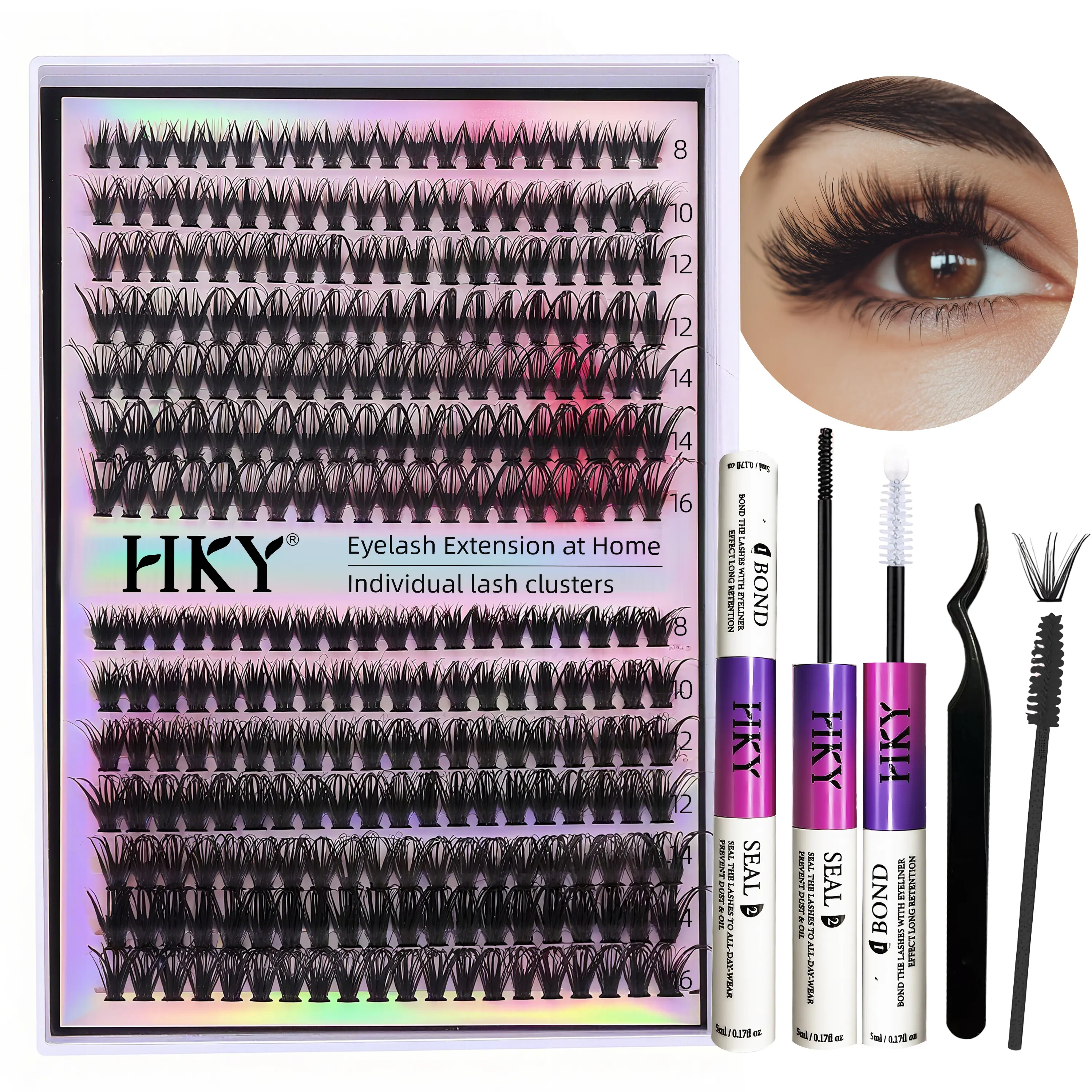 HKY Eyelash Extension at Home Set | 30D/40D Clusters, 8–16mm Mix, Waterproof, Strong Hold, Tweezers Included lashes cluster lash clusters kit Synthetic lash clusters lash cluster Curler