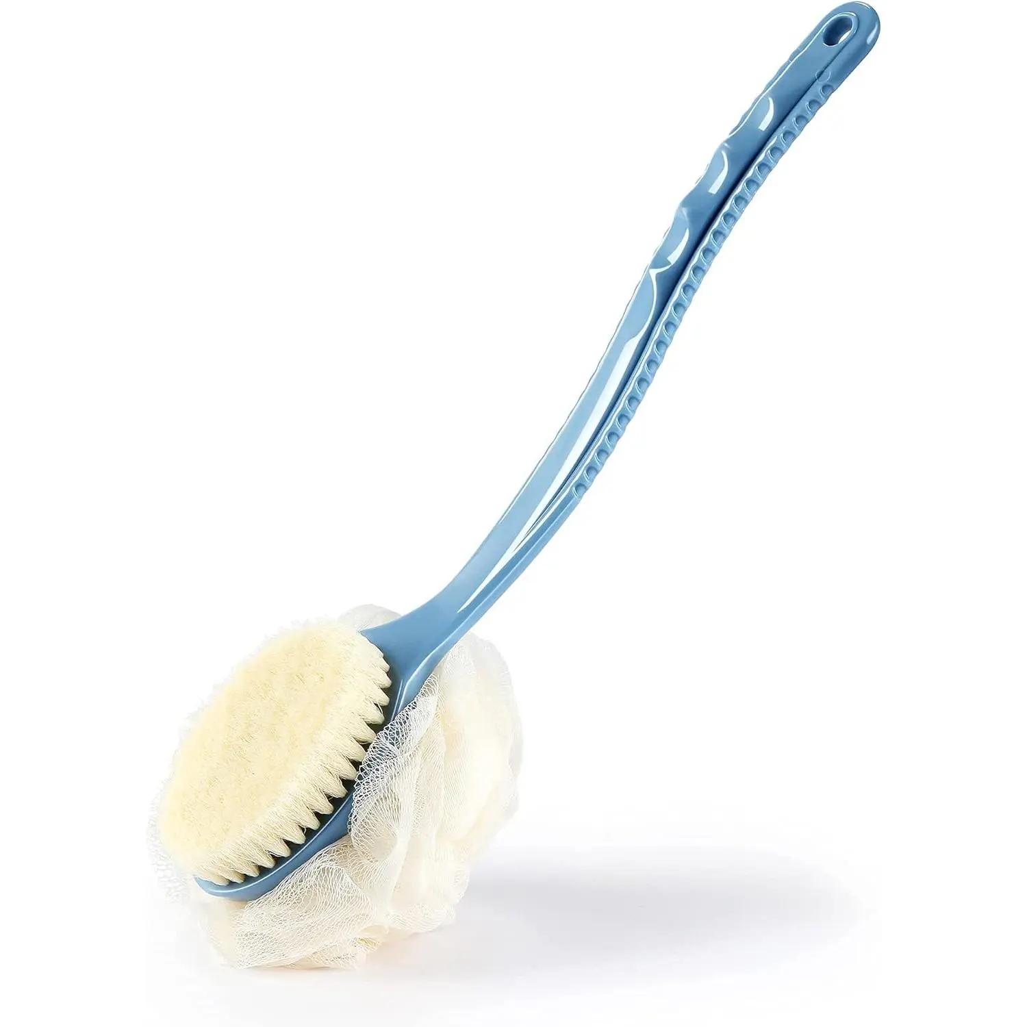 Shower Body Brush with Bristles and Loofah,Back Scrubber Bath Mesh Sponge with Curved Long Handle for Skin Exfoliating Bath, Massage Bristles Suitable for Wet or Dry, Men and Women (Blue)
