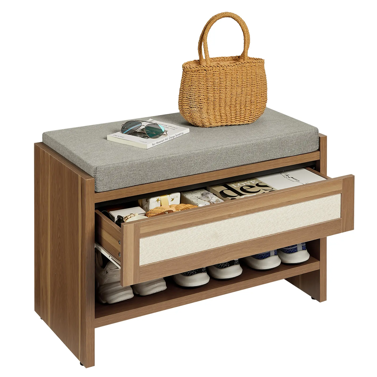 Rattan Entryway Shoe Bench with Storage Drawer & Linen Cushion – Farmhouse Wooden Bench with Open Shelf for Hallway, Bedroom & Mudroom Organization
