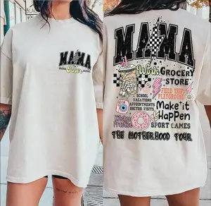 Mama World Tour Shirt 2 Sides Shirt, Funny Mom Life Graphic Tee - Motherhood Gift, MAMA Make it All Happen Shirt, Mother's Day Gift, Womenswear graphic  tee Round Neck Baggy