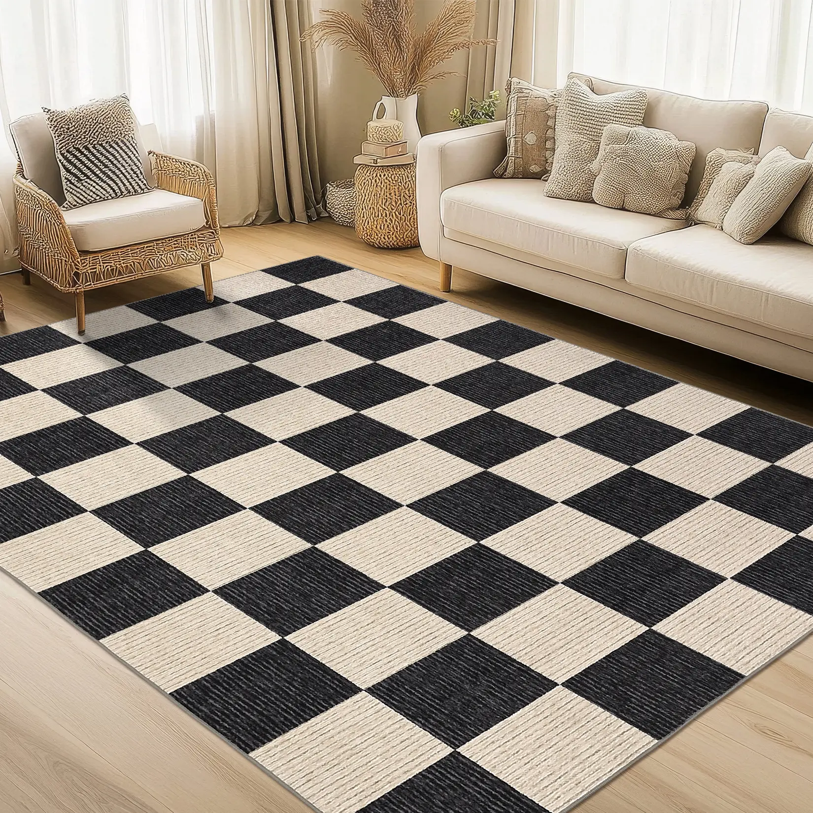 Modern Plaid Print Floor Rug, Neutral Geometric Home Decor Rug with Non-slip Backing, Durable for Busy Homes, Ideal for Living Room Decor, Cozy Rug For Barefoot Play, Softens Floor Impact Noise