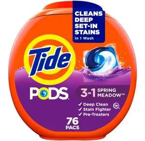 Tide PODS laundry detergent pacs, 3-in-1 Stain Remover, Odor Fighter, Color Protector, 76 Count, HE compatible, Spring Meadow Scent