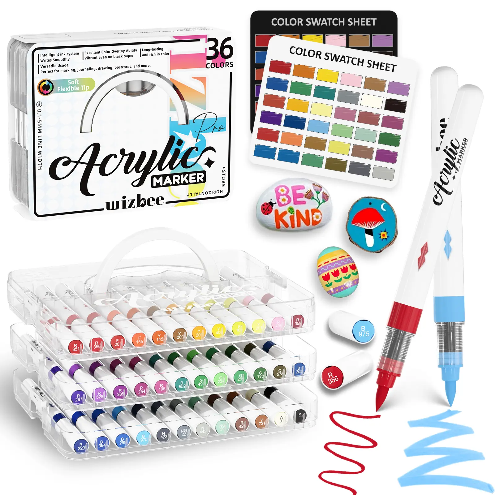 [Wizbee] Premium Acrylic Markers Set with Automatic Ink Control, Portable Stackable Storage Box, for Rock Painting, DIY Crafts - Office & Art Supplies
