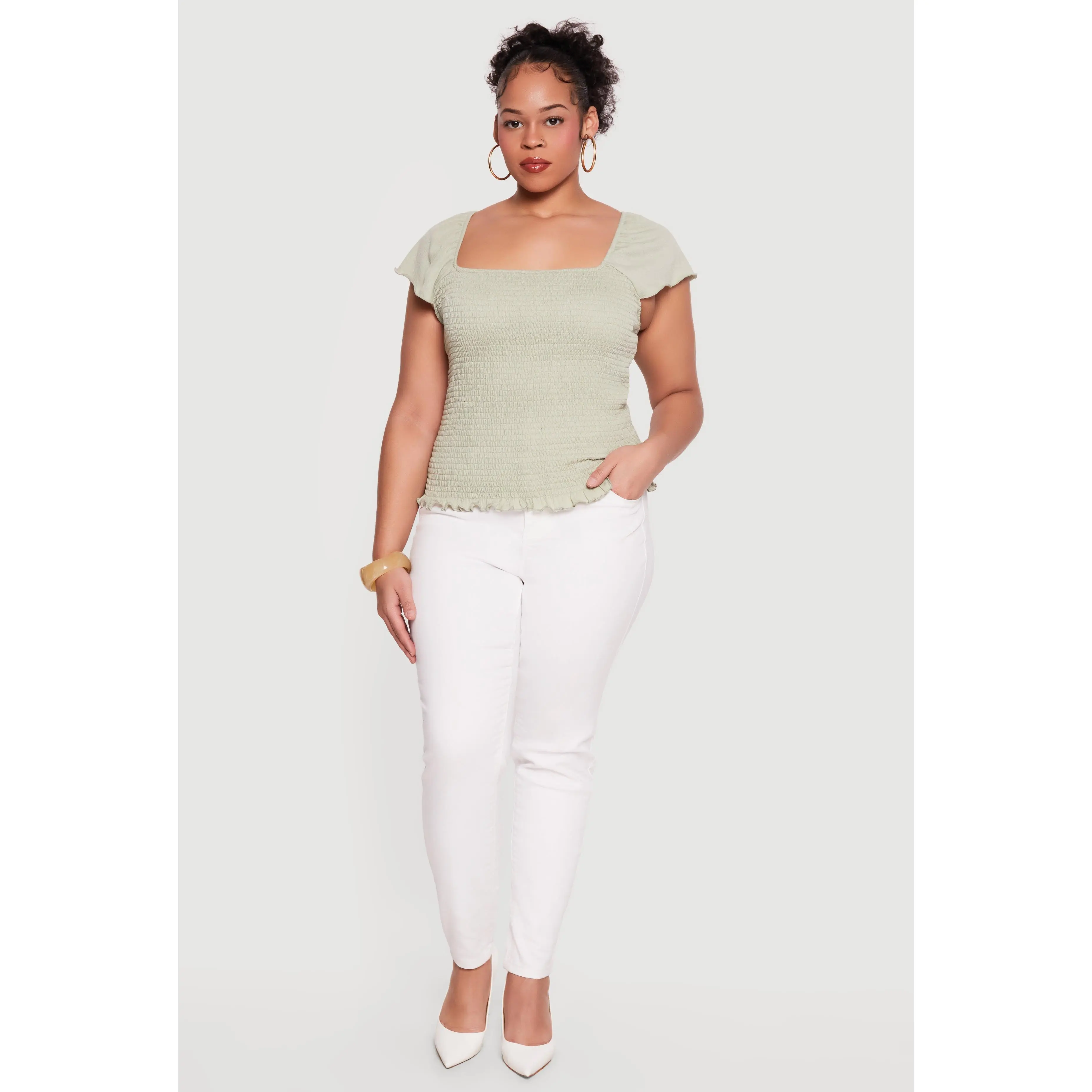 Plus Size Square Neck Flutter Sleeve Smocked Blouse