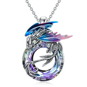 Sterling Silver Dragon Crystal Pendant Round Pendant Amulet Valentine's Day Gift
