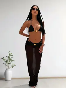 3-Piece Black Starfish Bikini Set with Sheer Mesh Cover-Up Pants Fashion Beachwear Swimwear