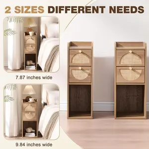 PieDle Narrow Nightstand Set of 2 (Rattan & Wood) - Small Bedside Table with 2 Drawers, Open Shelf, Mid Century Modern End Table - for Bedroom, Living Room & Small Spaces