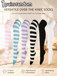 Women's Cute Japanese Style Striped Over-The-Knee Socks, High-Cut Role-Play Stockings, Casual Everyday Wear, Random Colors, 1 Pair