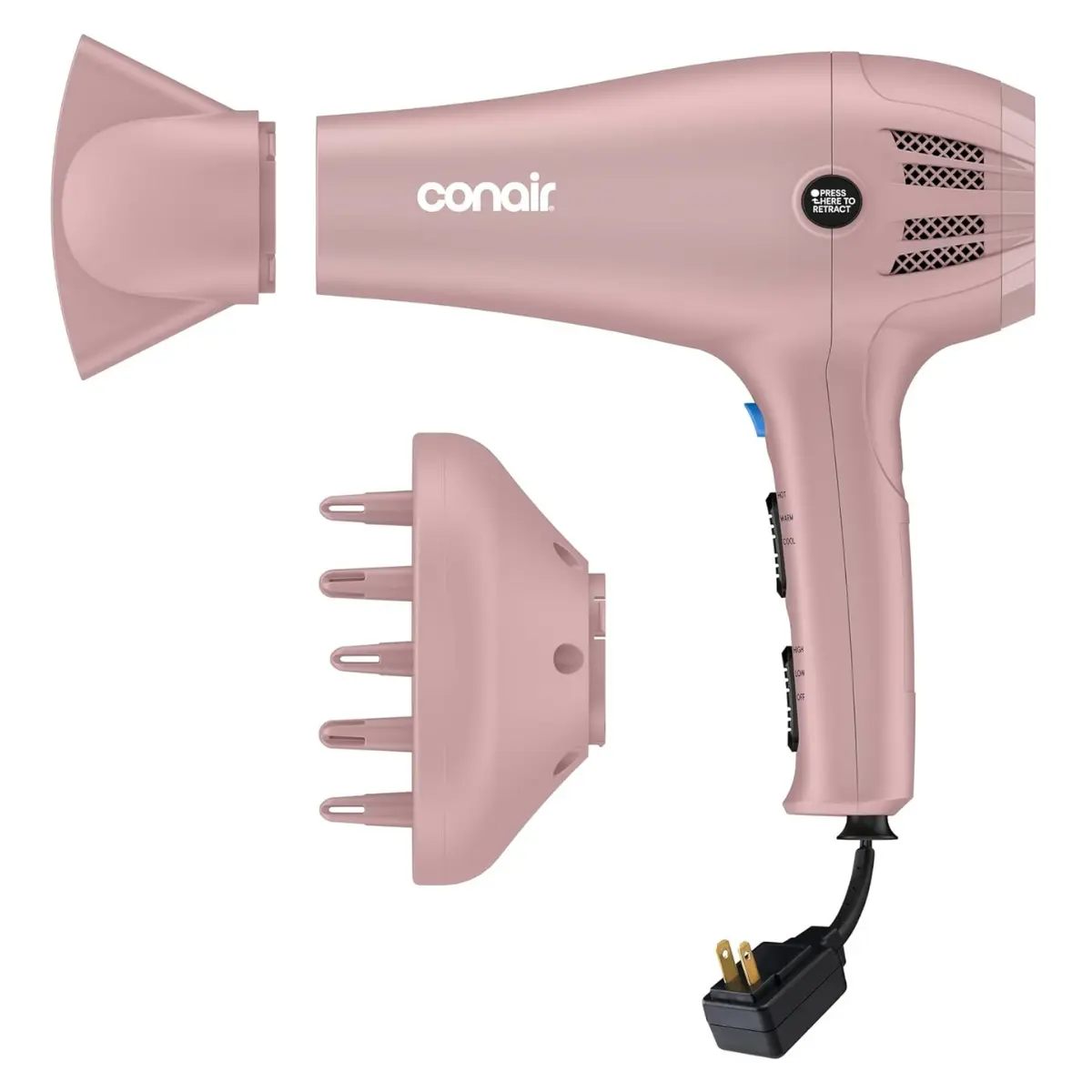 Conair Ionic + Tourmaline Hair Dryer, 1875W, Retractable Cord, 3 Heat Settings, 2 Speeds, Includes Diffuser & Concentrator Attachments, Matte Blush Pink