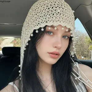 Handmade Crochet Fisherman Hat - Beaded Tassel Pearl Hollowed Out, Cotton Yarn Pastoral Style