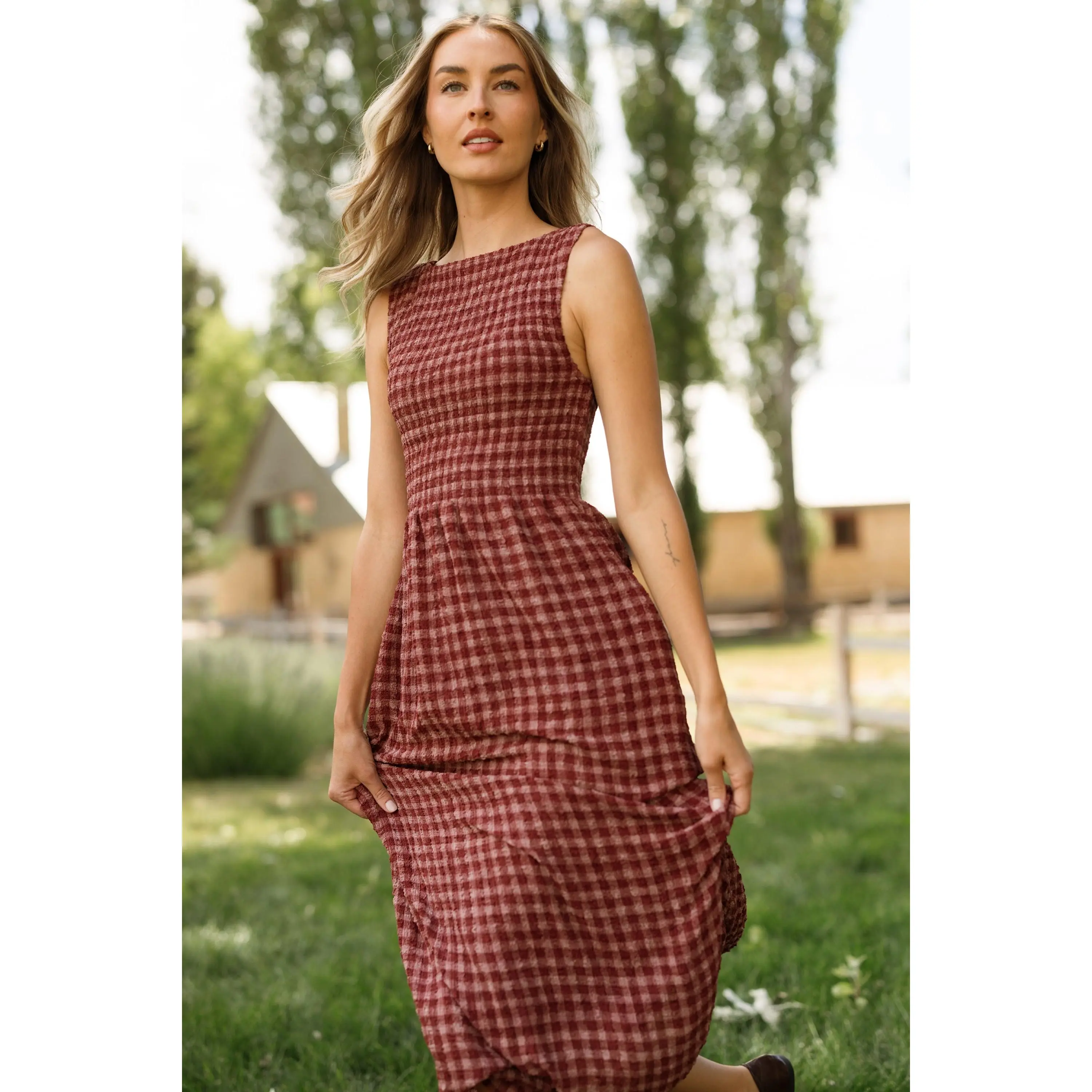 Ana Dress in Cranberry Popcorn Plaid