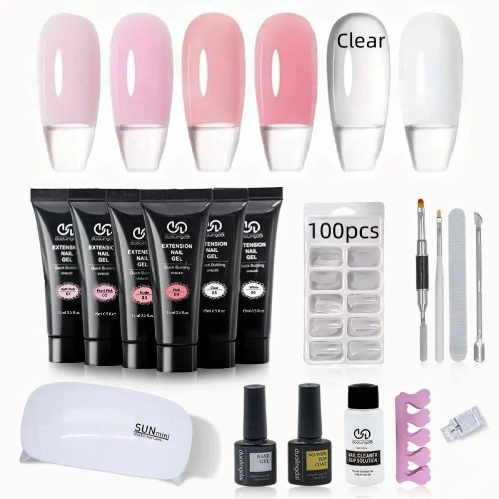 Professional Poly Gel Nail Kit, 1 Set 6 Colors Poly Nail Gel Kit with Uv Lamp, Complete Nail Extension Poly Gel Kit for Beginners, Gift for Women, Pol