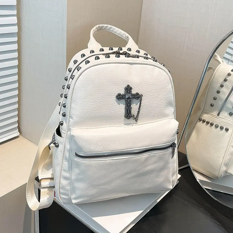 Punk Rivet Detail Cross Accent Backpack Lightweight Fashion Daypack
