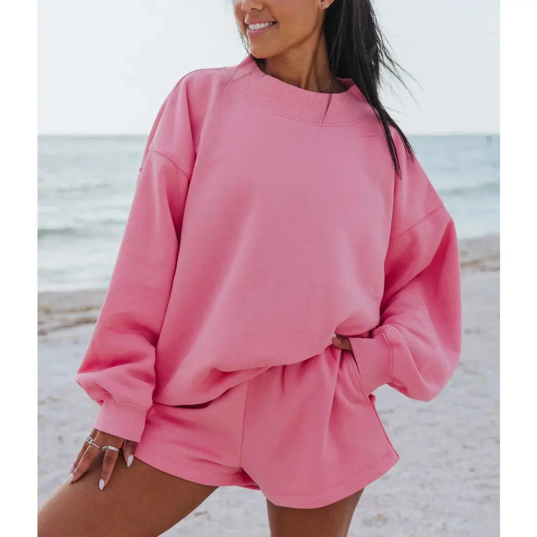 Lady's 2-Piece Light Spandex Solid Sweatshirt & Shorts Set, Oversized Casual Lounge Sweatsuit for 2025 Fall Women's Clothing