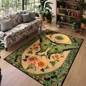 Vintage Moon Moth Boho Floral Area Rug for Living Room & Bedroom, Soft Washable Carpet, Pet Friendly Non-Slip Mat, Indoor Use