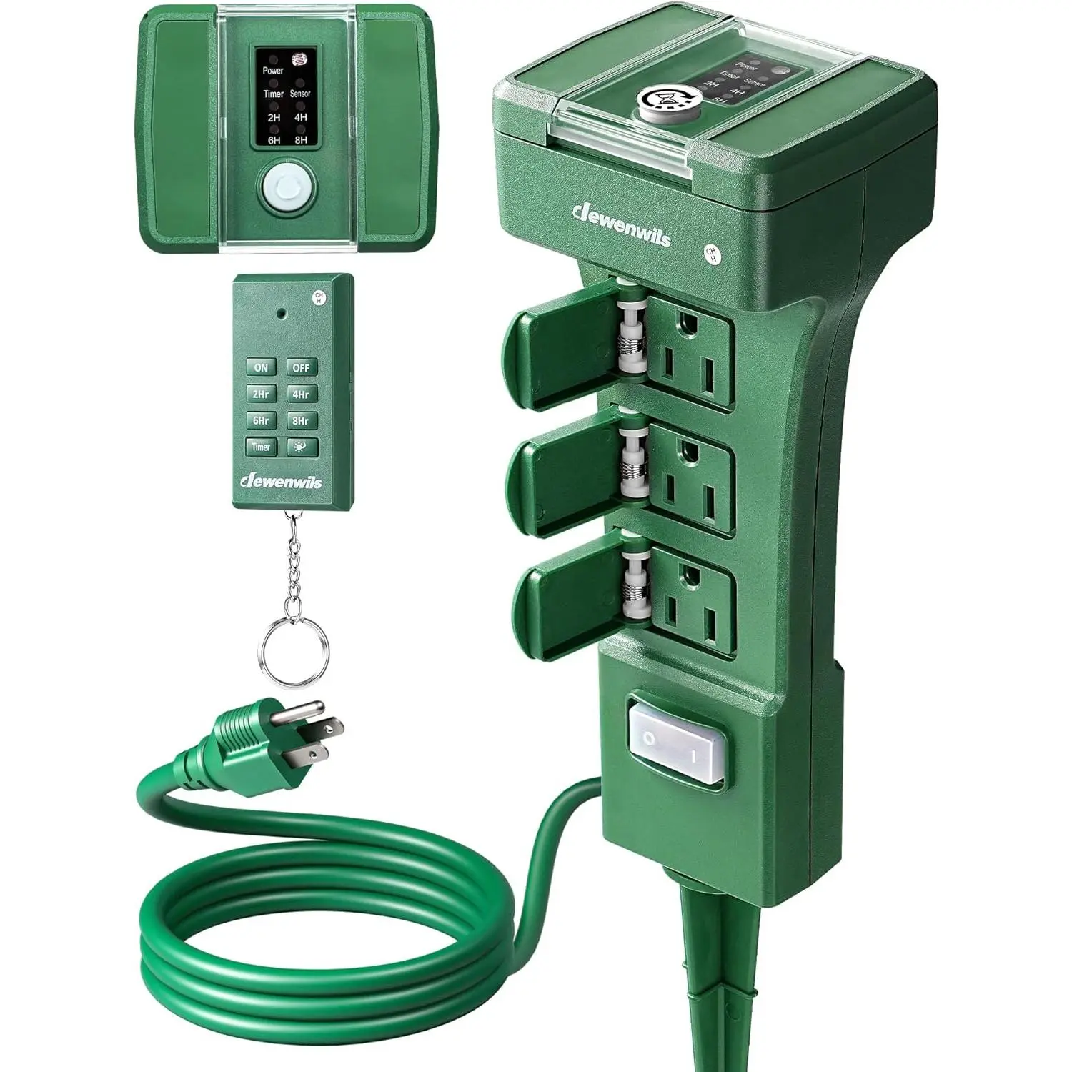 Outdoor Water-Resistant Power Stake Timer - 3 Pieces, 100ft RF Signal, 6 Grounded Outlets, 6 ft Cord, Photocell Dusk-to-Dawn, Easy Install, 1875W/15A UL Listed, Wedge Stake into Ground, Connect the Plug into the Wall Socket, for Lights & Garden