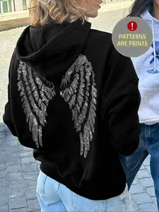 Women's Hooded Sweatshirt with Wing Print, Casual Sweatshirt Hoodie, Casual Loose-Fit Pocket Top for Fall & Winter, Soft Kint Fabric Daily Wear