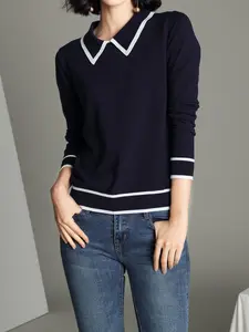 Women's Contrast Binding Collared Sweater, Casual Long Sleeve Jumper for Daily Outdoor Wear, Women Knitwear for Fall & Winter
