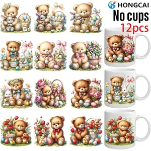 12-Piece Easter Themed Bear Stickers, High-Quality Self-Adhesive Labels for Glass & Plastic Bottles, Fun Rabbit Bunny Egg Decorations