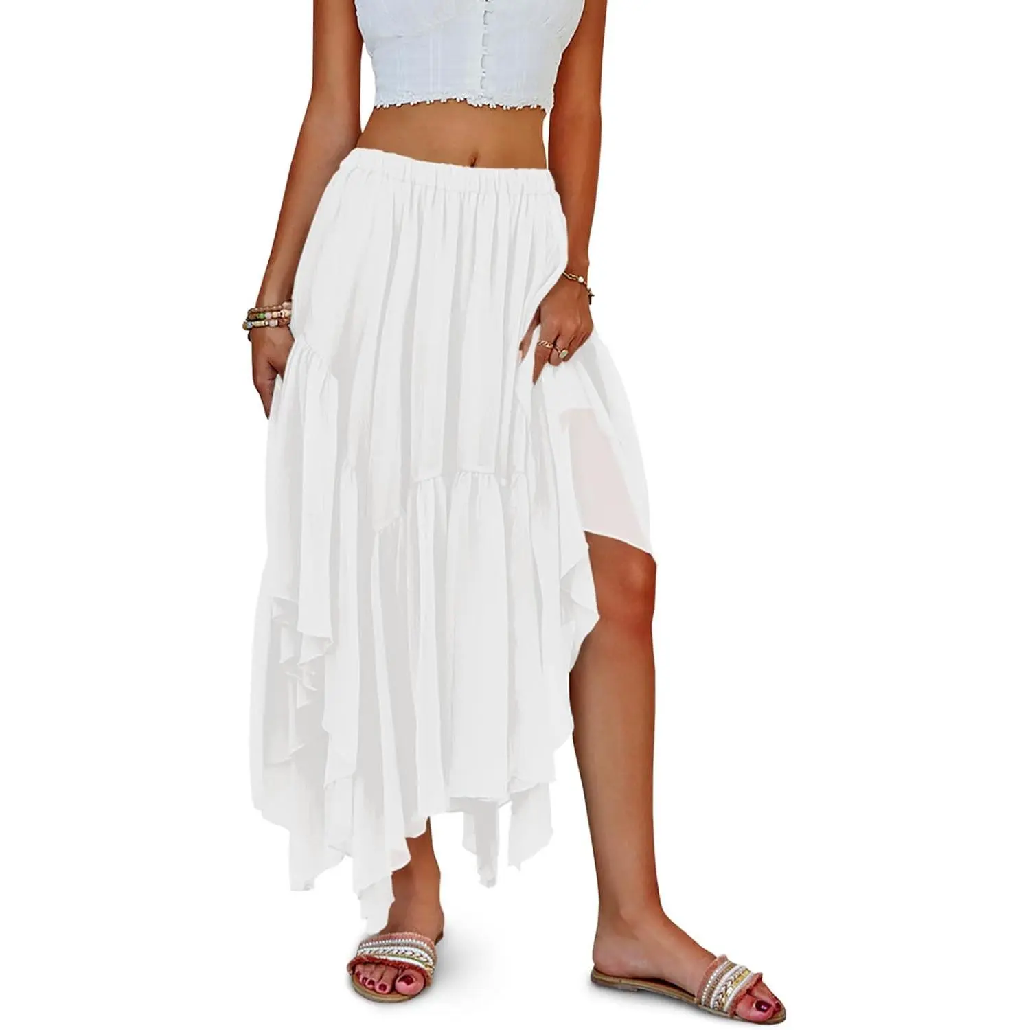 Imily Bela Essentials Womens Summer Boho Maxi Skirt Casual Asymmetric High-Low Hem Flowy Bohemia Long Skirt