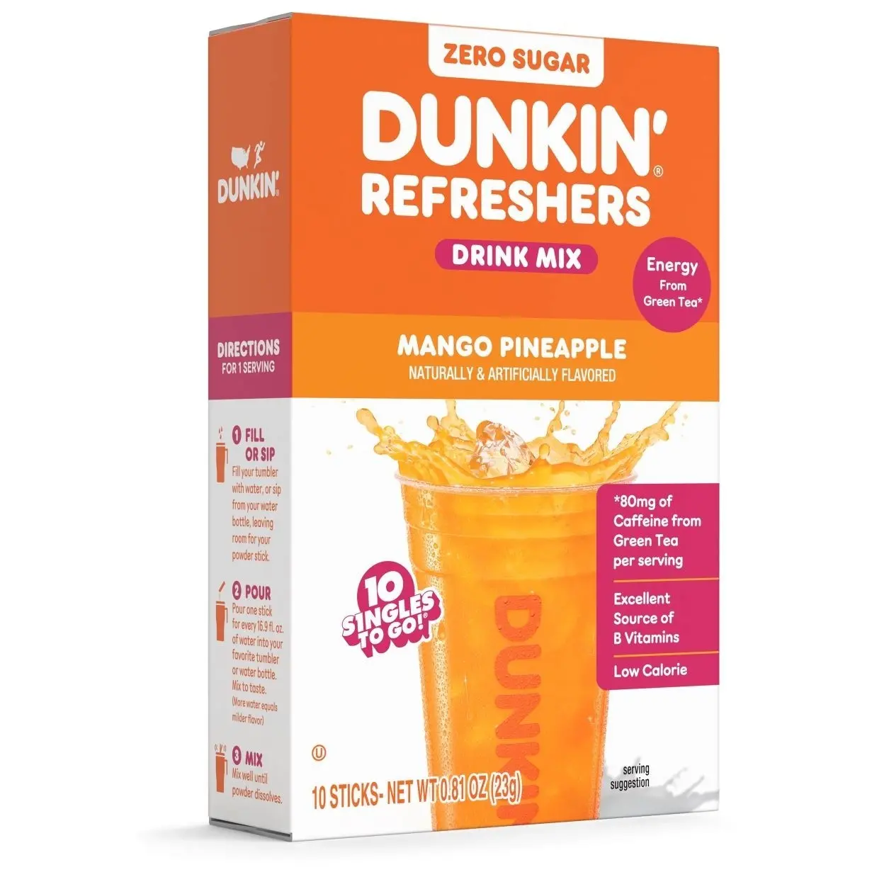 Dunkin' Refreshers Mango Pineapple, Singles to Go Powdered Drink Mix, 10 Count Packets