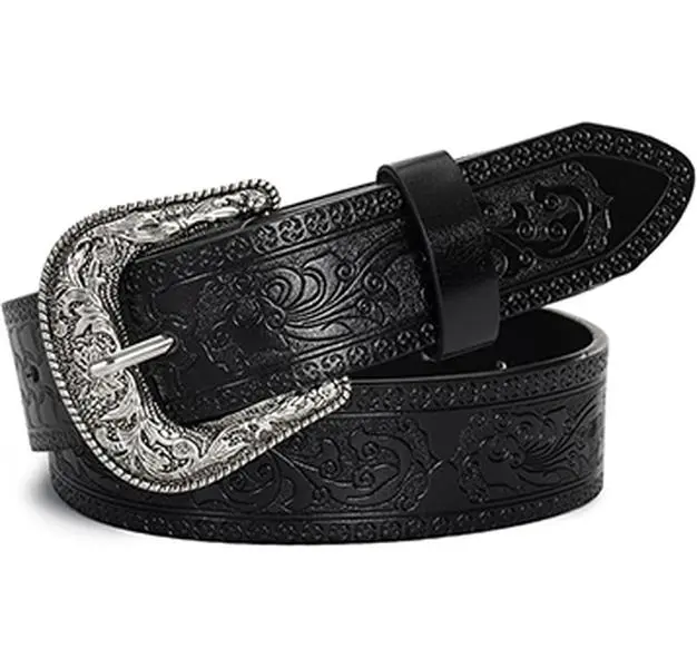 Unisex Vintage Wild West Urban Cowboy Belt - Carved Buckle PU Leather Adjustable Accessory, Fits 28"-38" Waist