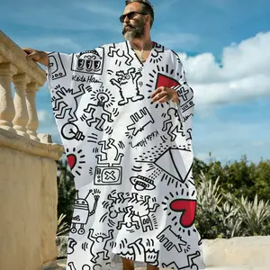 Men's Keith Haring Heart Print Vacation Pullover Caftan Robe, Love Symbol Graphic Long Sleeve Closed Front Kimono Cover Up, Lightweight Beach Lounger Resort Sleep Shirt