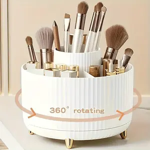 360° Rotating Makeup Organizer, 1pc Plastic Cosmetic Storage with 5 Compartments, Durable Unscented Desk Caddy with Luxury Stripe Design