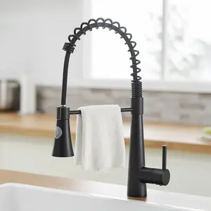 Matte Black Kitchen Faucet with Pull Out Sprayer, Single Handle Kitchen Sink Faucet, Commercial Style Spring Faucet, 360 Degree Swivel High Arc Spout, Hot and Cold Water Control, Stream and Spray Modes, for 1 or 3 Hole Installation