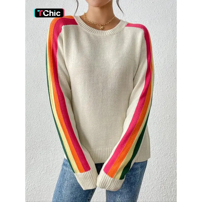 Knit Pullover Sweater for Women, Casual Loose Fit Colorblock Striped Long Sleeve Round Neck Top for Lady's Casual Wear, Hand Wash Only, Multicolor
