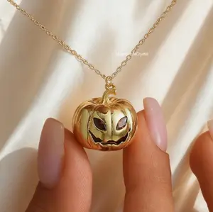 Pumpkin Pendant Gold Plated 3D Halloween Jewelry Spooky Charm Necklace Adjustable Chain Unisex Gift for Autumn & Thanksgiving
